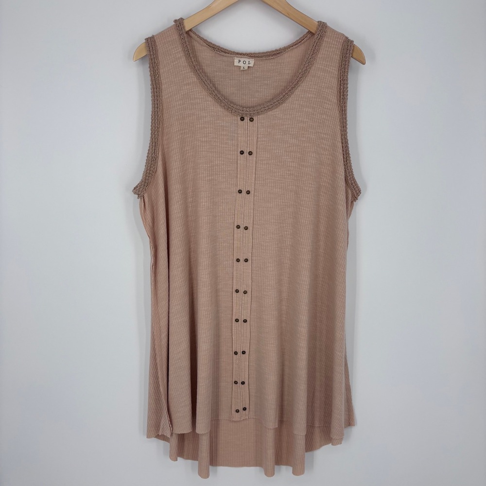 POL Tank Top Womens L Pink Ribbed Button Front Crochet‎ Trim High Low Boho Tunic